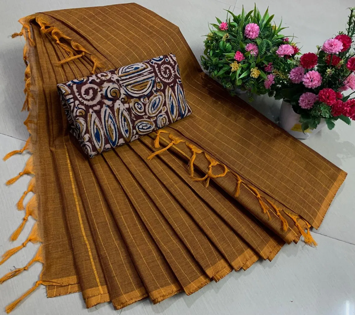80's Chettinad Cotton Saree with Kalamkari Blouse - Bottle Green
